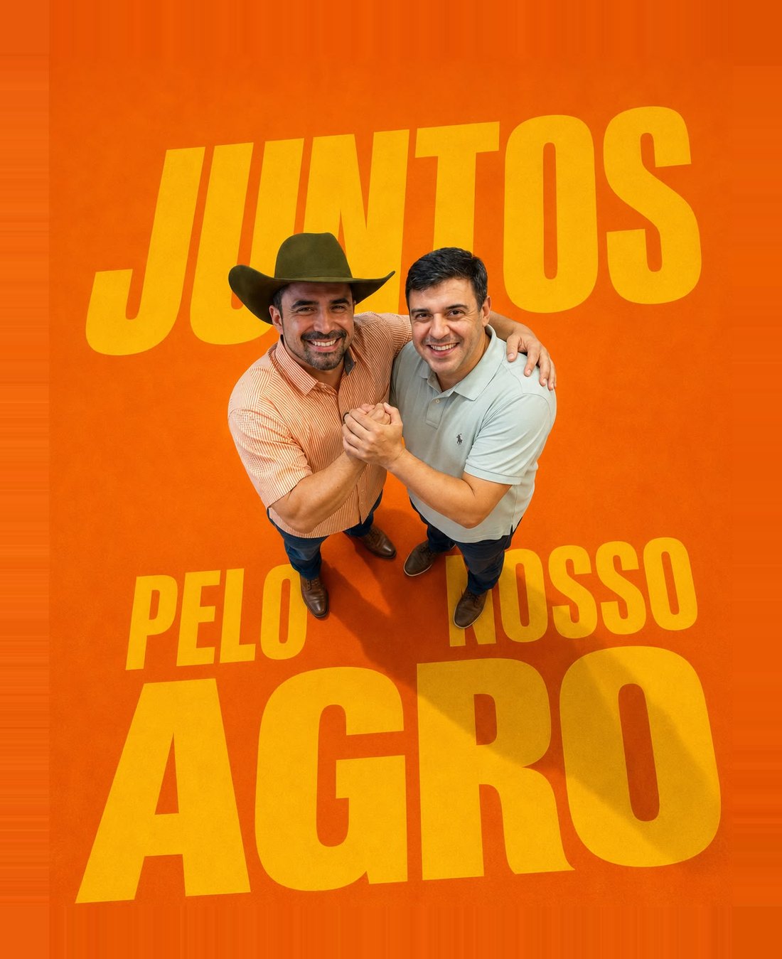 Peça da campanha com Ulisses do Rodeio e Waldir Filé e o texto: Juntos pelo nosso agro